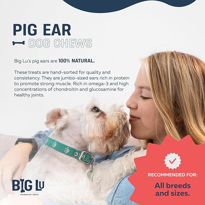 Big Lu – Pig Ear Dog Chews, 6 Count, All-Natural Single-Ingredient Pork Treats, Easily Digestible, Supports Joint Health with Glucosamine and Chondroitin
