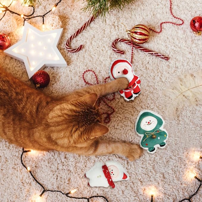 FOIMAS 3pcs Christmas Catnip Toys,Xmas Cat Toys Plush Santa Claus Snowman Tree Interactive Chew Bite Toys for Cat Kitten Indoor