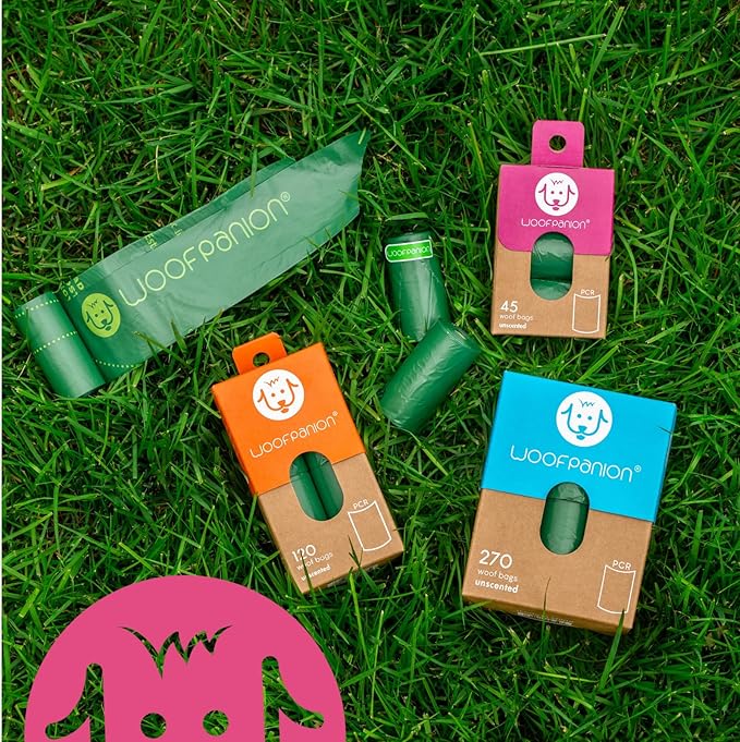 Woofpanion Improved Dog Poop Bags - Extra Strong Leak Proof Waste Bags Made from Recycled Plastic Unscented Refill Rolls for Easy Cleanup 3 rolls | 45 bags