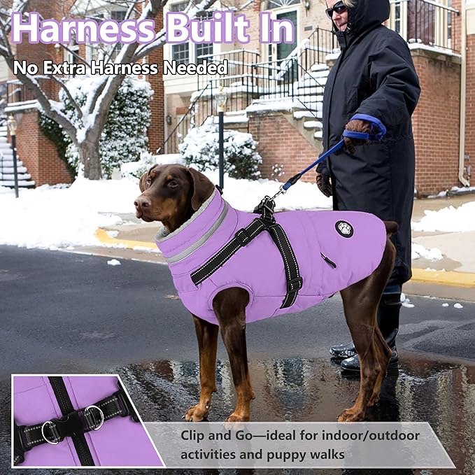 Dogcheer Dog Coat with Harness, Waterproof Dog Jacket, Reflective Puppy Winter Jacket with Pocket, Doggy Turtleneck Fleece Vest for Small Medium Large Dogs - Taro Purple, XS