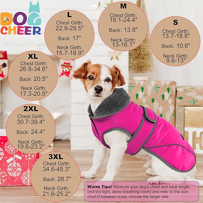 Dogcheer Dog Coat, Waterproof Dog Jacket Reflective Pet Winter Coat with Adjustable Hook & Loop, Christmas Puppy Fleece Jacket Warm Turtleneck Snowsuit for Small Medium Large Dogs - Pink, L