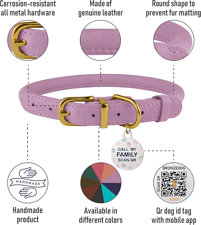 BronzeDog Rolled Leather Dog Collar with QR ID Tag, Adjustable Soft Round Collars for Small Medium Large Dogs Puppy (7" - 10" Neck Size, Lavender)