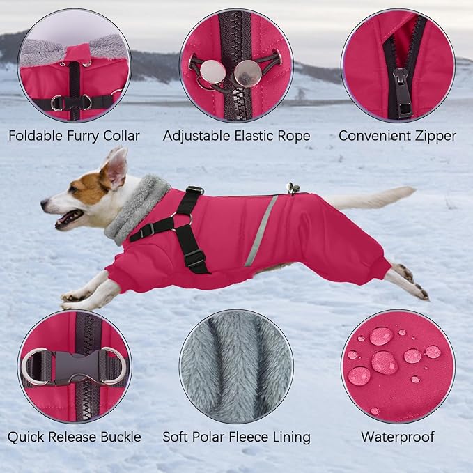 BRKURLEG Dog Winter Coat with Harness Built in, Winter Dog Jacket for Small and Medium Dogs, Small Dogs Snowsuit Reflective Windproof Cold Weather Coat, Puppy Warm Fleece Coats, Hot Pink, XXL