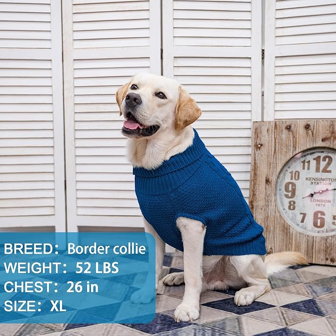 Mihachi Turtleneck Dog Sweater - Winter Coat Apparel Classic Cable Knit Clothes with Leash Hole for Cold Weather, Ideal Gift for Pet in New Year Royal Blue Medium