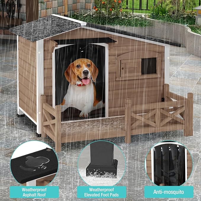 Dog House for Outdoor Use with Matel Frame, Waterproof Design- All-Weather Wooden Kennel with Sliding Window & Metal Frame (Brown, L)