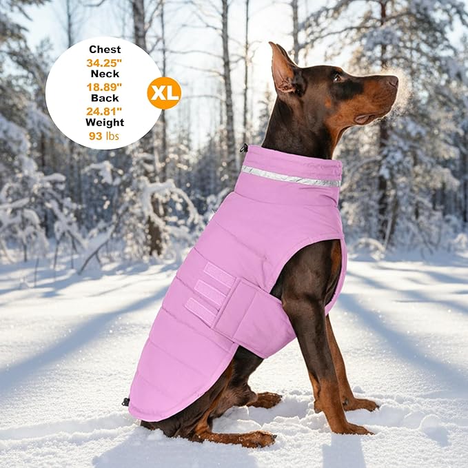 Dog Coat, Waterproof Winter Jacket, Warm Windproof Vest, Reflective Adjustable Turtleneck Coats for Large Dogs with Hook & Loop - Lilac - XL