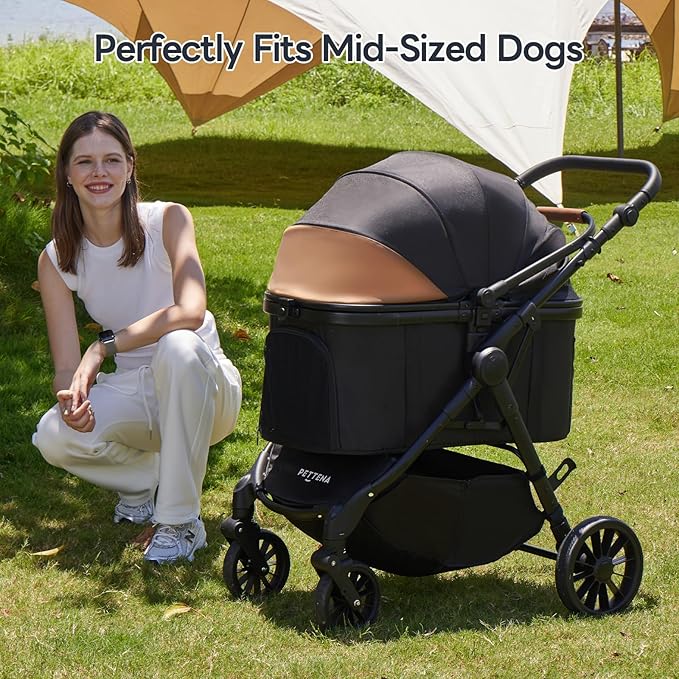 Pet Stroller with 4 Wheels, 4 in 1 Folding Puppy Strollers for Small/Medium Dogs up to 66lbs, Lightweight Pet Travel Carrier with Detachable Carrier/Storage Basket, One Click Folding, Black