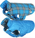 VIVAGLORY Softjoy Dog Coat, Dog Jacket for Winter & Christmas, Coat with Harness Hole & Velcro Closure, Reversible Plaid Checkered Warm Fluffy Heavy Duty for Puppy, L, Blue