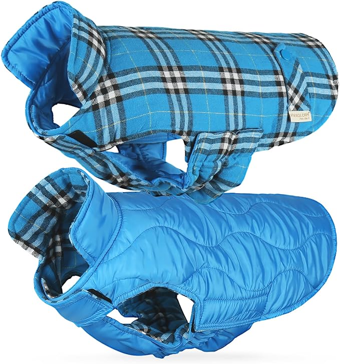 VIVAGLORY Softjoy Dog Coat, Dog Jacket for Winter & Christmas, Coat with Harness Hole & Velcro Closure, Reversible Plaid Checkered Warm Fluffy Heavy Duty for Puppy, XS, Blue