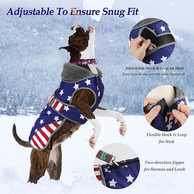 Dogcheer Dog Coat, American Flag Dog Jacket Waterproof Puppy Winter Coat for Cold Weather, Reflective Adjustable Pet Snow Jacket Fleece Sweater for Small Medium Large Dogs - USA Flag, 2XL