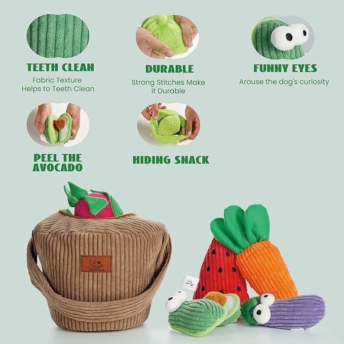 Nocciola Small Squeaky Crinkle Dog Toys- 15 Packs Grocery Basket Fruits Veggies Puppy Toys to Keep Busy, Cute Durable Plush Stuffed Hide Seek Cognitive Boredom Pet Supplies, Dog Birthday Gifts
