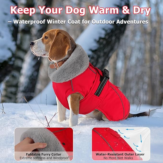 Dogcheer Dog Coat with Pocket, Waterproof Dog Jacket with Adjustable Buckle, Reflective Puppy Winter Coat Warm Turtleneck Fleece SnowJacket for Small Medium Large Dogs - Red L
