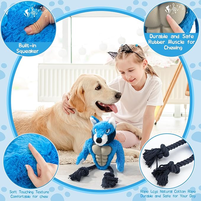 Muscle Wolf Dog Toy – Durable Plush with Rubber Chest & Rope Legs, Squeaky Tug Toy for Medium & Large Dogs, Built for Tough Play, 14.1 Inch Interactive Chew Toy