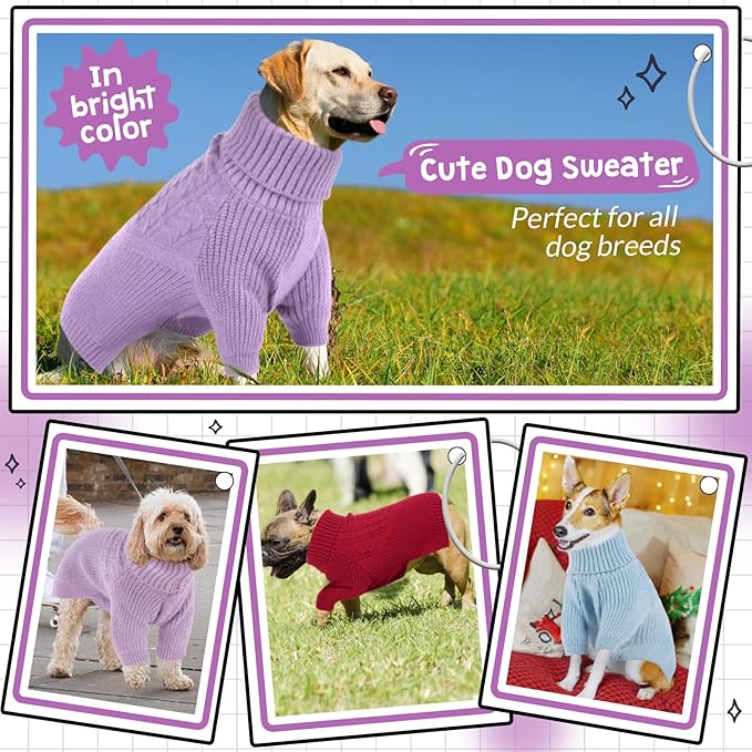 Queenmore Dog Sweater, Puppy Sweater for Small Dogs,Warm Winter Fall Dog Sweaters for Dog Girls Boys, Solid Turtleneck Knit Sweater for Large Medium Dogs,Long Sleeves Christmas Dog Sweater Lilac,S