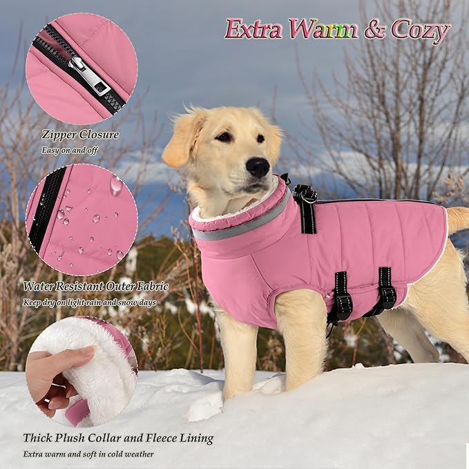 Dogcheer Dog Coat with Harness, Waterproof Dog Jacket Adjustable Winter Coat with Zipper, Christmas Puppy Snow Jacket Fleece Sweater for Small Medium Large Dogs - Light Pink 3XL