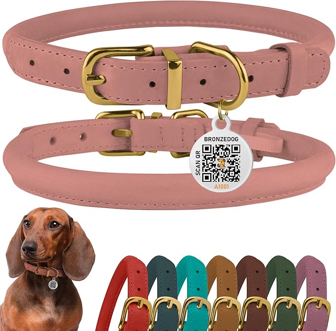 BronzeDog Rolled Leather Dog Collar with QR ID Tag, Adjustable Soft Round Collars for Small Medium Large Dogs Puppy (16" - 19" Neck Size, Blush)