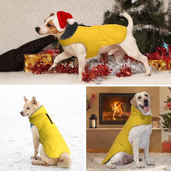 Dog Winter Coat, Waterproof Dog Jacket with Leash Hole, Reflective Adjustable Pet Snow Vest, Warm Fleece Sweater for Small Medium Large Dogs - Yellow, 3XL