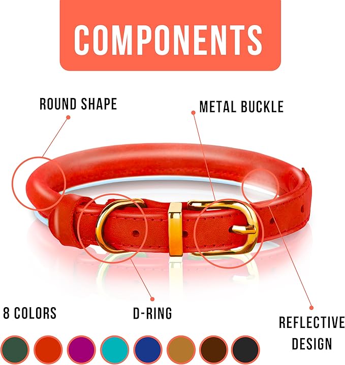 OOPSDOGGY Reflective Rolled Leather Dog Collar Adjustable Soft Padded Pet Collar for Small Medium Large Breed Dogs (Red, XXS, 7"-9")