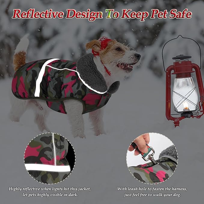 Dogcheer Warm Dog Coat, Waterproof Dog Jacket Reflective Adjustable Puppy Winter Coat with Buckle, Christmas Pet Snow Jacket Turtleneck Fleece Sweater for Small Medium Large Dogs - Camo Pink, 3XL
