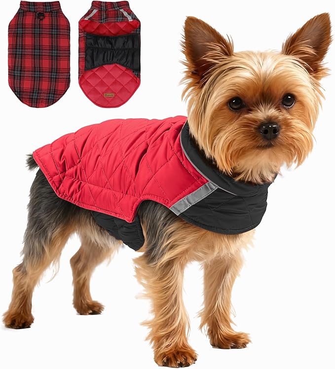 Quilted Dog Winter Coat, Plaid Lined Reversible Vest, Reflective Safety Strip, Cold Weather Pet Apparel Red XXS