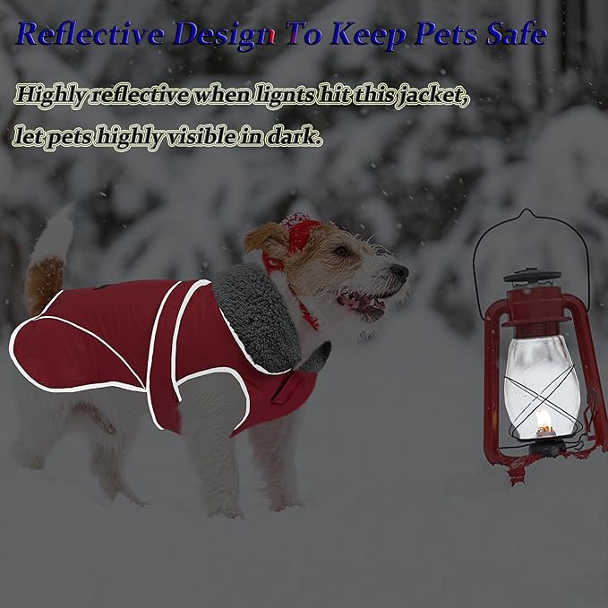 Dogcheer Dog Coat, Waterproof Dog Jacket Reflective Pet Winter Coat with Adjustable Hook & Loop, Christmas Puppy Fleece Jacket Warm Turtleneck Snowsuit for Small Medium Large Dogs - Red, S