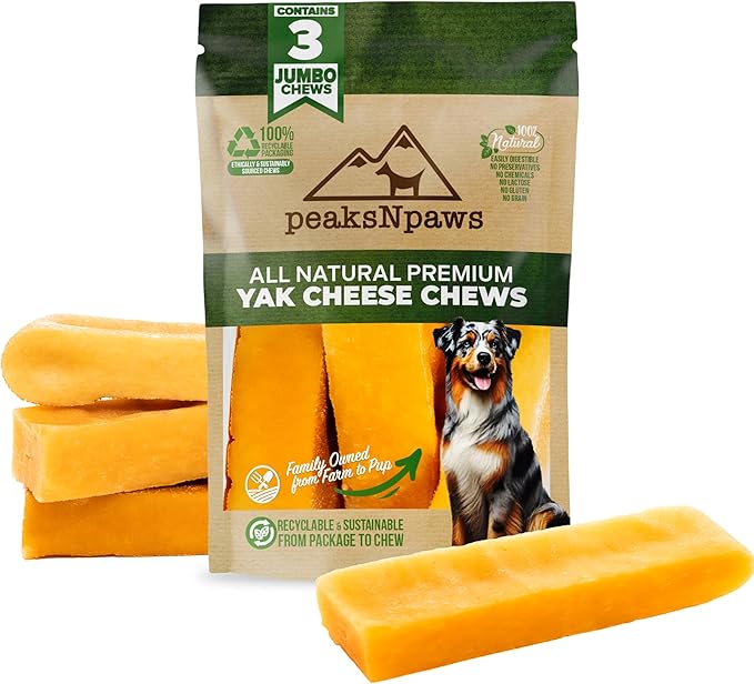 peaksNpaws Yak Cheese, High Protein, Himalayan Dogs Chews, Natural Dog Treats, Lactose Free, Long Lasting Dogs Treat for Aggressive Chewers Over 80 lbs, 3 Jumbo Chew Sticks