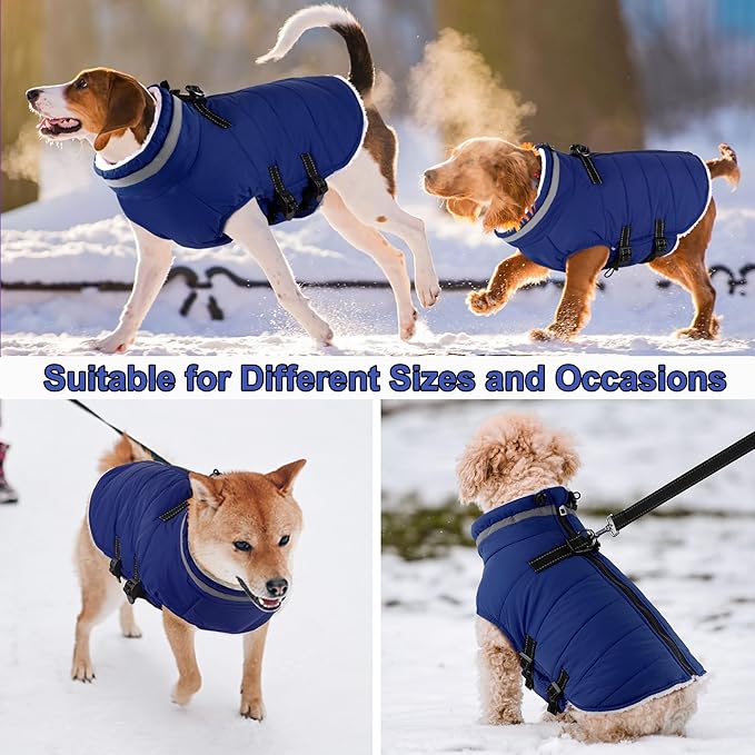 Dogcheer Dog Coat, Waterproof Dog Jacket with Harness, Reflective Adjustable Puppy Winter Coat with Zipper, Christmas Snow Jacket Clothes for Small Medium Large Dogs - Blue S