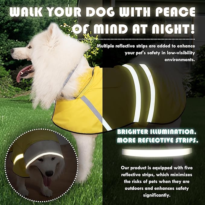 Dog Raincoat, Adjustable Rain Jacket with Hooded Double Layer for Large Medium Small Dogs Puppies, Lightweight Waterproof Rain Coat Poncho with Reflective Stripe Yellow,S