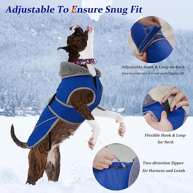 Dogcheer Dog Coat, Waterproof Dog Jacket Reflective Pet Winter Coat with Adjustable Hook & Loop, Christmas Puppy Fleece Jacket Warm Turtleneck Snowsuit for Small Medium Large Dogs - Blue, 2XL