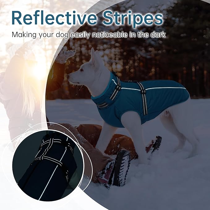 PUMYPOREITY Dog Coat with Harness Built in, Reflective Fleece Jacket, Thick and Warm Winter Coat, Medium Dog Jacket with Zip, Cold Weather Coats for Outdoor, Waterproof Pet Snowsuit, Blue, L