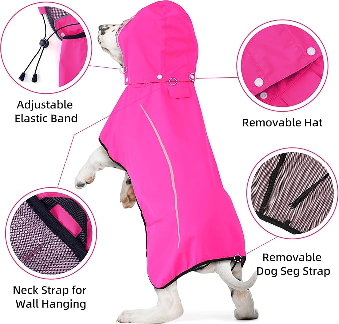 Mile High Life Dog Raincoat, Adjustable Waterproof Pet Rain Jacket, Reflective Hooded Poncho for Small Medium Large Dogs, Lightweight Breathable Pet Rain Coat (Hot Pink,XL Chest 31"-37")
