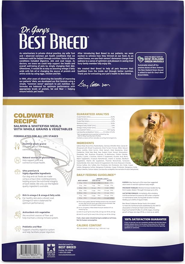 Best Breed Dr. Gary's Coldwater Recipe Slow-Cooked in USA, Natural Dry Dog Food for All Breeds and Sizes, 13lbs.