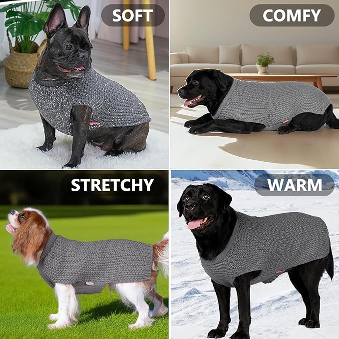 KYEESE Dog Sweater with Leash Hole Warm Pullover with Reflective Yarn for Small and Medium Dogs Male Soft Knit Pullover Boy Dog Coats Cozy Lightweight Thick Sweater,Grey,Large