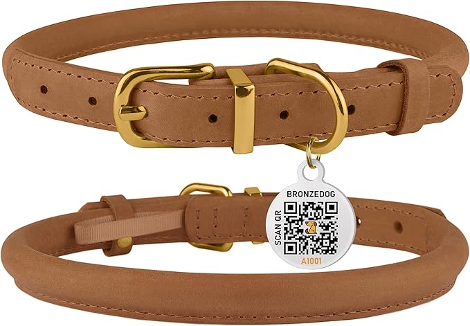 BronzeDog Rolled Leather Dog Collar with QR ID Tag, Adjustable Soft Round Collars for Small Medium Large Dogs Puppy (14" - 16" Neck Size, Light Brown)