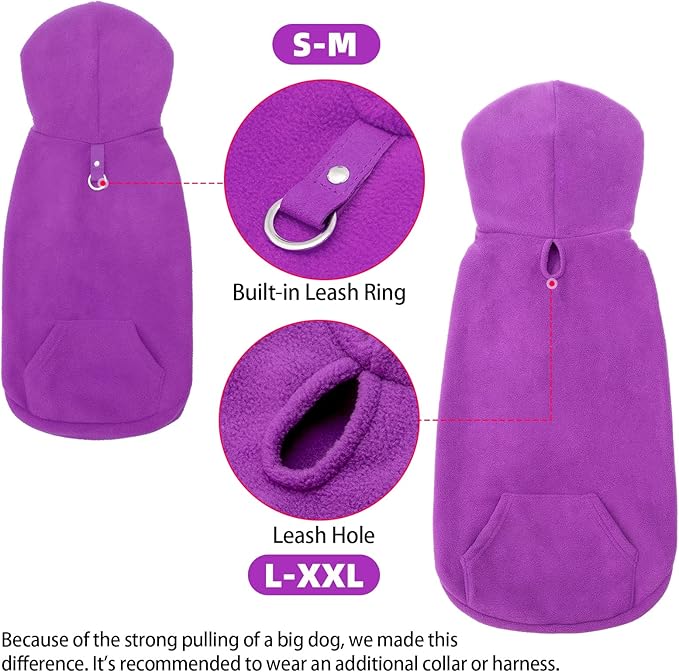 EXPAWLORER Dog Hoodie Fleece Sweater Vest, Hooded Dog Sweatshirt Fall Winter Pet Clothes with Leash Ring, Sleeveless Warm Cozy Puppy Clothing for Cat Small Medium Large Dogs Girl Boy, Purple M