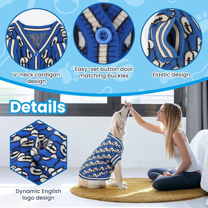 Pet Sweaters for Dogs Boys and Girls, Dynamic Letter Patterned Dog Sweater,Dog Cardigan,Pet Clothes,Pet Knitted Clothing,Fit for Different Seasons and Kinds of Dogs (Blue XS)