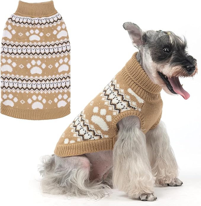KOOLTAIL Cable Knit Dog Sweater Turtleneck, Cold Weather Pullover Classic Knitwear, Cute Paws Pattern Thick Warm Winter Pet Clothes, Dog Christmas Sweater for Small Medium Large Dogs Cats, Khaki M