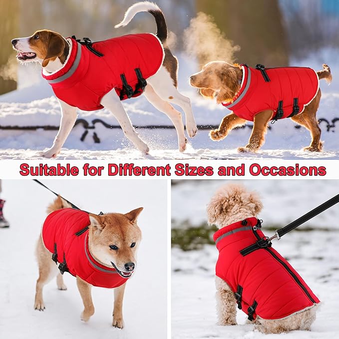 Dogcheer Dog Coat with Harness, Waterproof Dog Jacket Adjustable Pet Winter Coat with Zipper, Christmas Puppy Snow Jacket Fleece Sweater for Small Medium Large Dogs - Red M