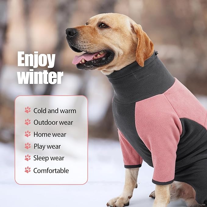 Dog Winter Coat, Warm Fleece Dog Jacket, Windproof Dog Pullover Bodysuit, Fullbody Dog Pajamas Onesie, Cold Weather Clothes for Medium Large Dog(2XL,Pink)