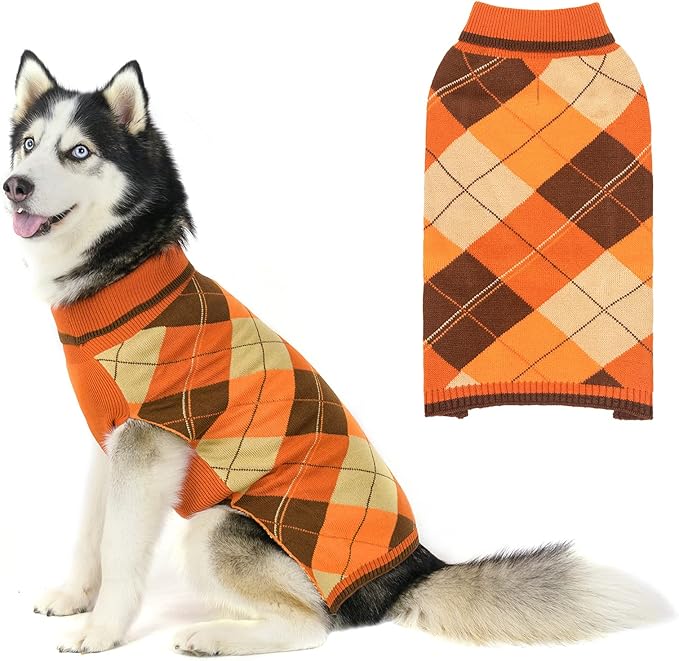 KOOLTAIL Fall Dog Sweater Pet Knitted Clothes - Thanksgiving Classic Plaid Pullover Turtleneck Dog Sweaters with Leash Hole, Thick Cold Weather Pet Outfits for Small Medium Large Dogs Cats Puppy, M