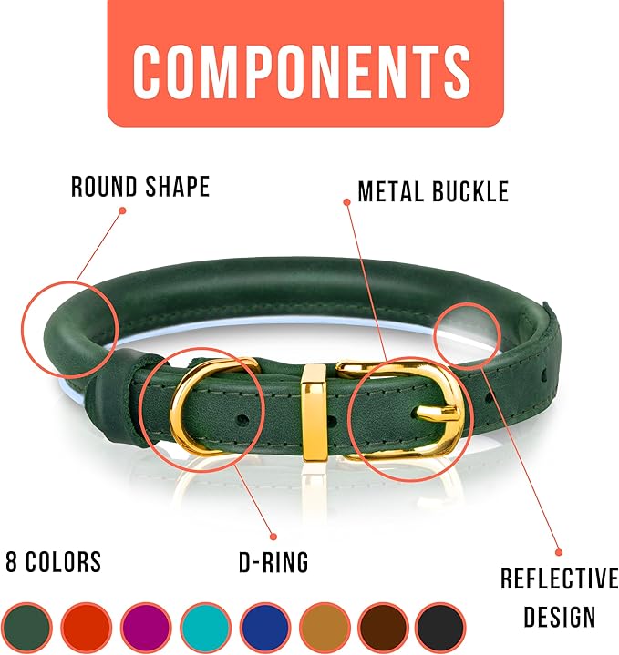 OOPSDOGGY Reflective Rolled Leather Dog Collar Adjustable Soft Padded Pet Collar for Small Medium Large Breed Dogs (Green, XL, 17"-21")