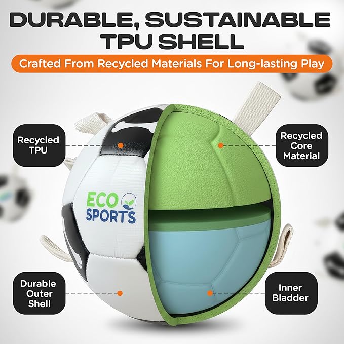 Eco Sports Dog Soccer Ball with Straps – Interactive Durable Dog Soccer Ball with Cotton Grab Tabs for Fetch Training and Outdoor Play, Pet Birthday Gift