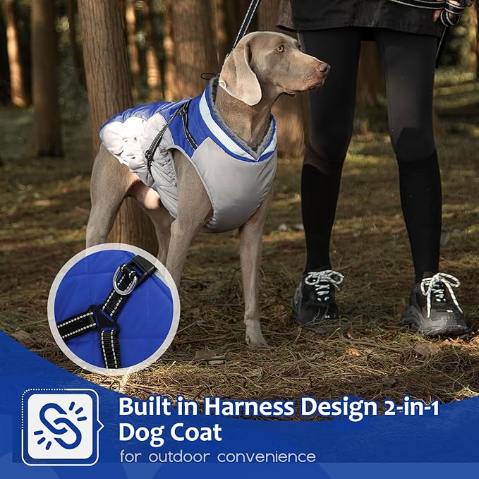 Dog Winter Coat with Harness, Dog Jacket, Pet Clothes with Zipper on Back, Waterproof Windproof Warm Vest, Reflective Cold Weather Coats, for Small Medium Large Dogs, Thick, Blue, 2XL