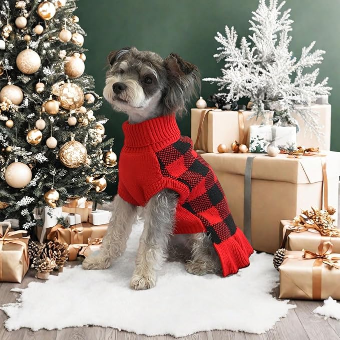 Dog Sweater Dress Plaid Knitwear for Small Medium Dogs Warm Puppy Pet Turtleneck Stretch Pullover Cute Fall Winter Vest Clothes with Leash Hole for Christmas (Red, 2XS)