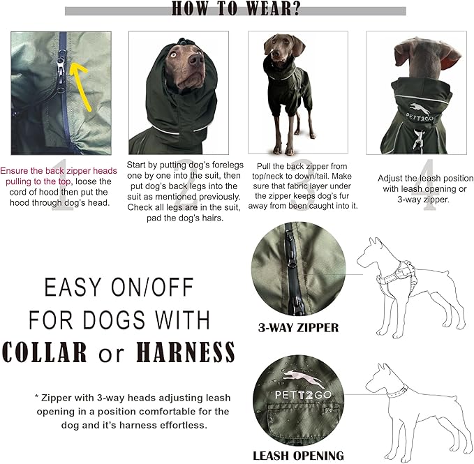 Dog Lightweight Windbreaker, Dog Outdoor 4-Legs Jacket, 0.5 lbs,Durable Water Repellent, Hooded, Easy on/Off with Collar and Harness, Reflective, Packable,Dark Olive -XXL(Male)