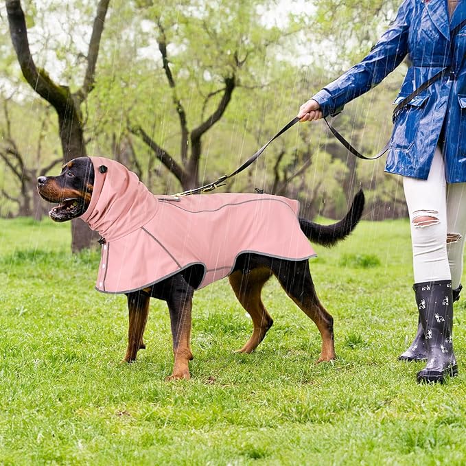 Reflective Dog Raincoat, Windproof & Waterproof Dog Rain Jacket, Adjustable Hooded Pet Poncho with Leash Hole for Small, Medium, Large Dogs(S-2XL) (Pink, Large)