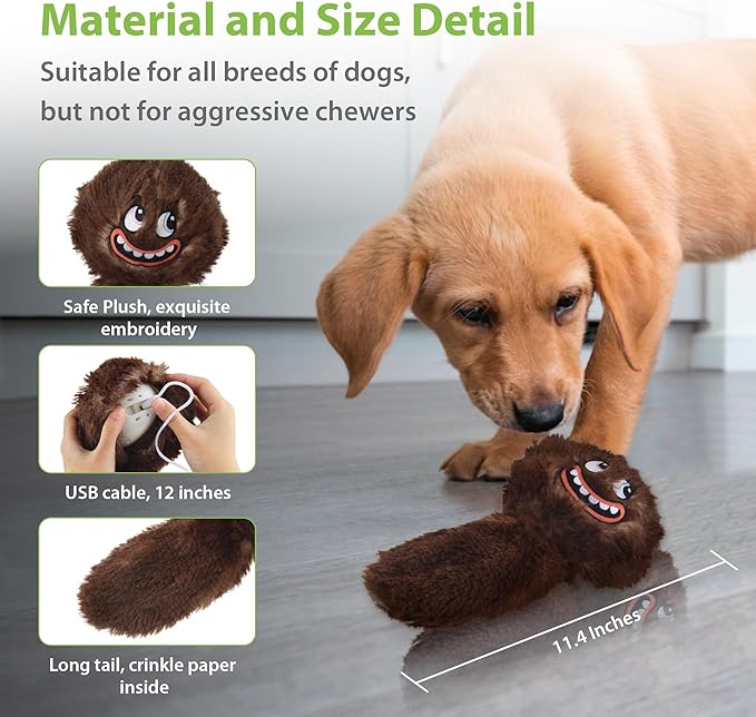 PETGEEK Interactive Squeaky Dog Toy, Automatic Moving Vibrating Dog Balls with Plush Cover, Rechargeable Perro Juguetes with Recording and Music Mode, Crinkle Pet Plush Toy for Boredom, Brown