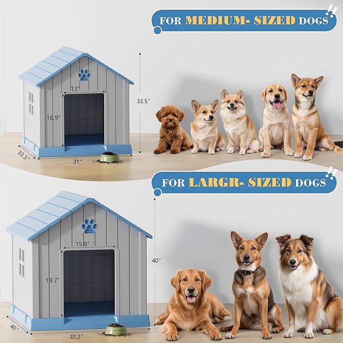 Dog House Outdoor Indoor - Waterproof, Ventilated, Easy to Clean, Elevated Floor for Small-Large Dogs, Easy to Assemble (Blue, 37.2" L x 40" W x 40" H)