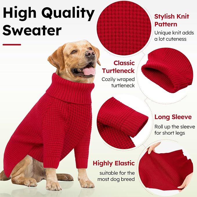 Queenmore Dog Sweater Large Breeds, Dog Christmas Sweater, Turtleneck Knitted Pullover Xmas Doggie Clothes Sweatshirt, Long Sleeve Warm Pet Sweaters, XL Pet Sweater, Red XL