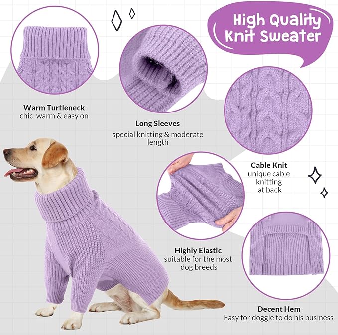Queenmore Puppy & Dog Sweater - Warm Winter/Summer Turtleneck Knit Sweater for Small, Medium, Large Dogs; Christmas, Lilac; XS
